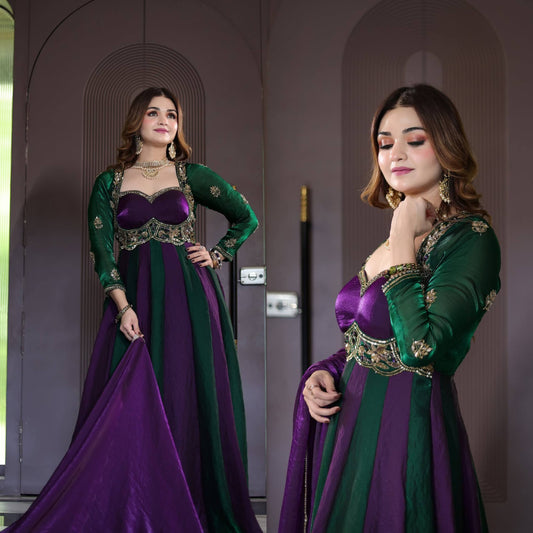 Emerald Green & Royal Purple Embroidered Velvet Anarkali Gown