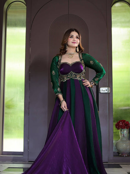 Emerald Green & Royal Purple Embroidered Velvet Anarkali Gown
