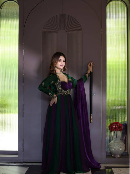 Emerald Green & Royal Purple Embroidered Velvet Anarkali Gown