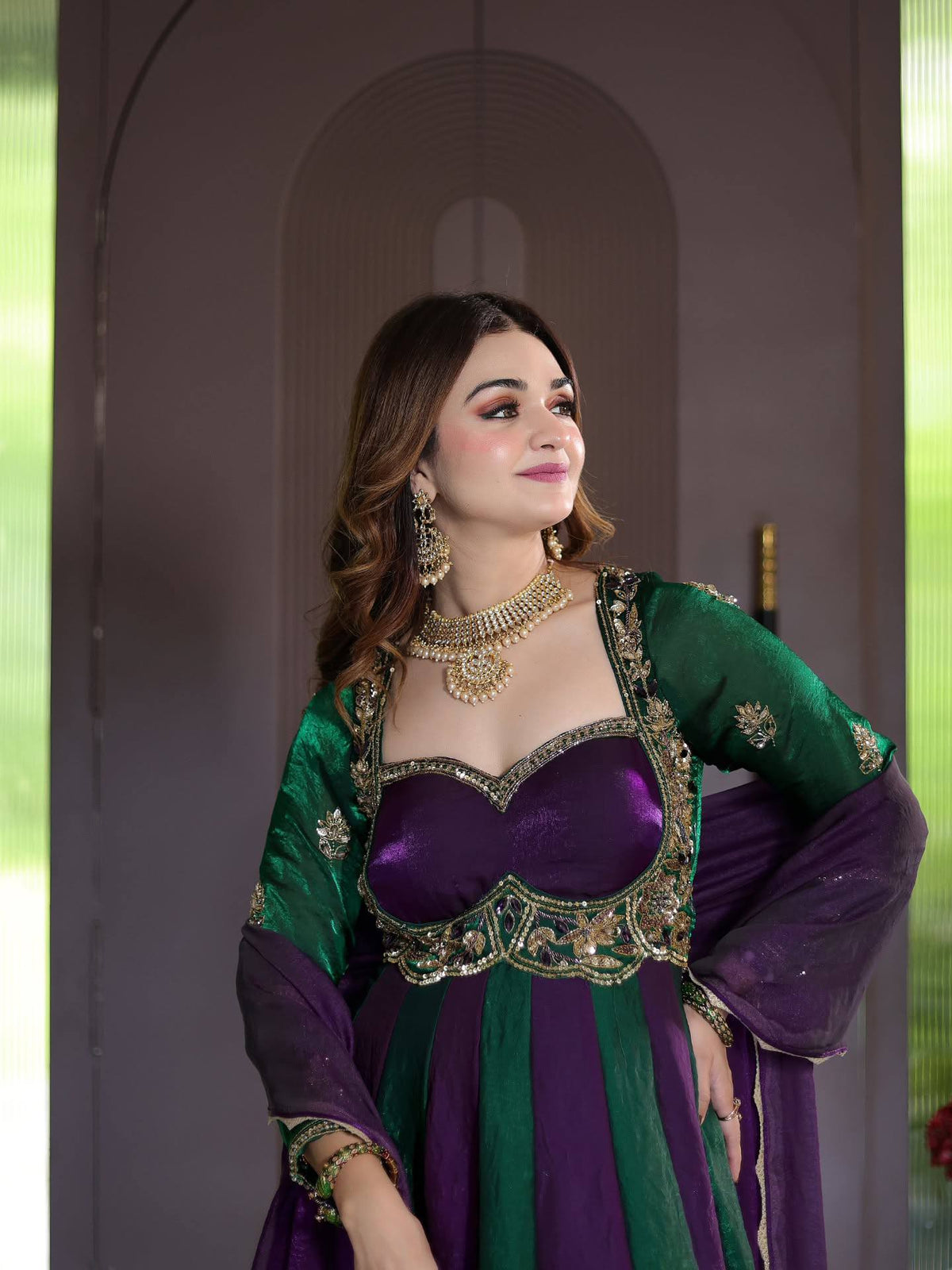 Emerald Green & Royal Purple Embroidered Velvet Anarkali Gown