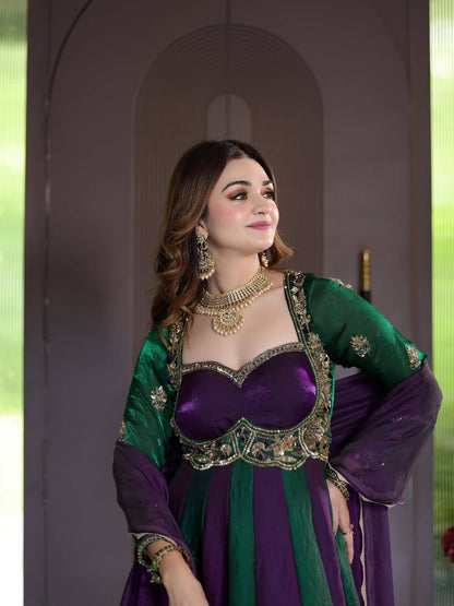 Emerald Green & Royal Purple Embroidered Velvet Anarkali Gown