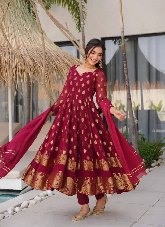 Luxurious Maroon Anarkali Suit with Intricate Embroidery