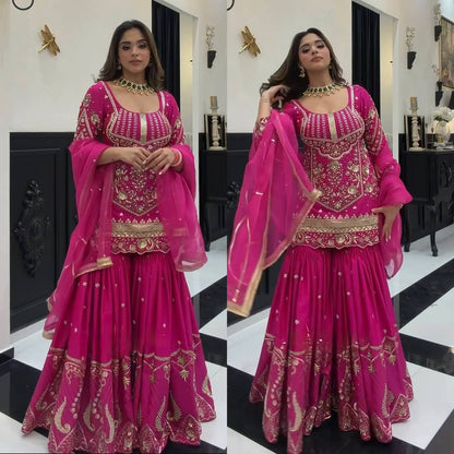 Luxury Rani Pink Embroidered Sharara Suit with Elegant Dupatta Collection