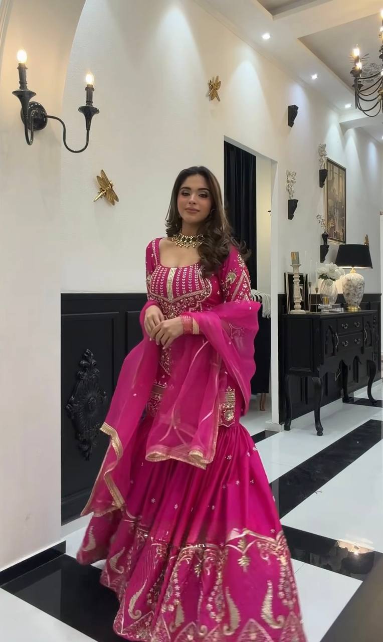 Luxury Rani Pink Embroidered Sharara Suit with Elegant Dupatta Collection