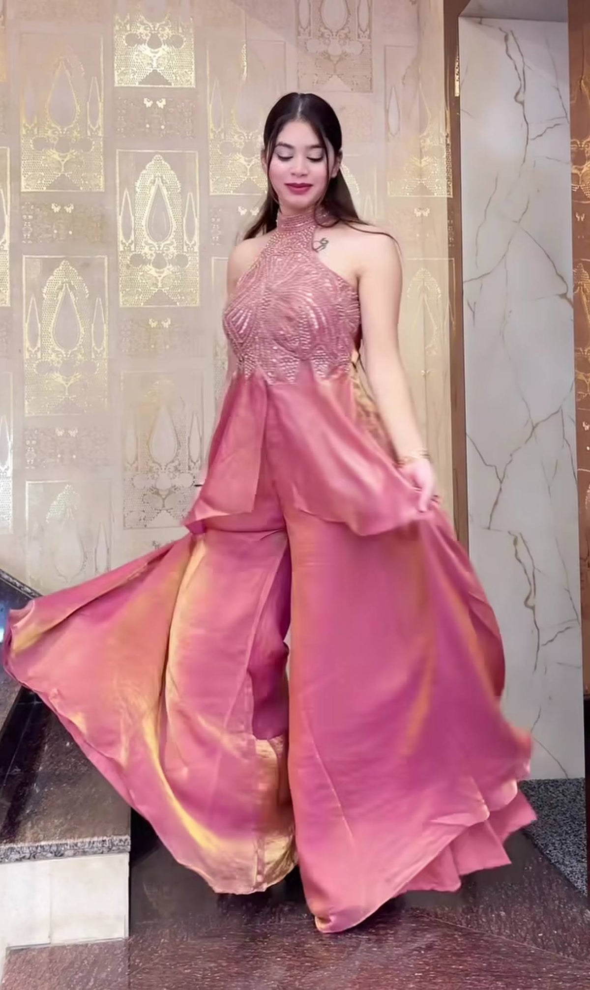 Designer Halter Neck Embroidered Silk Palazzo Set