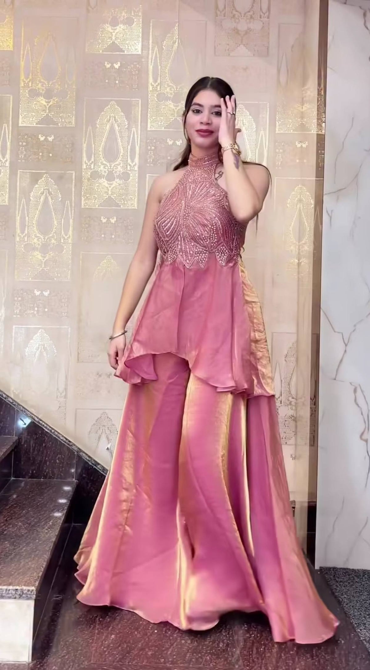 Designer Halter Neck Embroidered Silk Palazzo Set