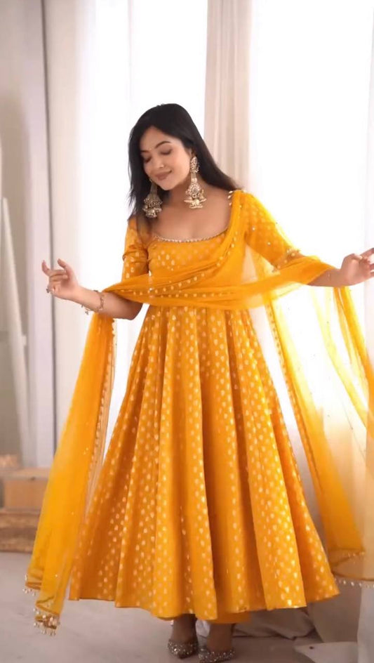 Mustard Yellow Foil Print Anarkali Kurta with Pant & Dupatta Set