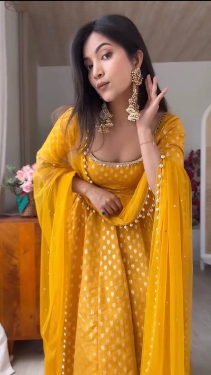 Mustard Yellow Foil Print Anarkali Kurta with Pant & Dupatta Set