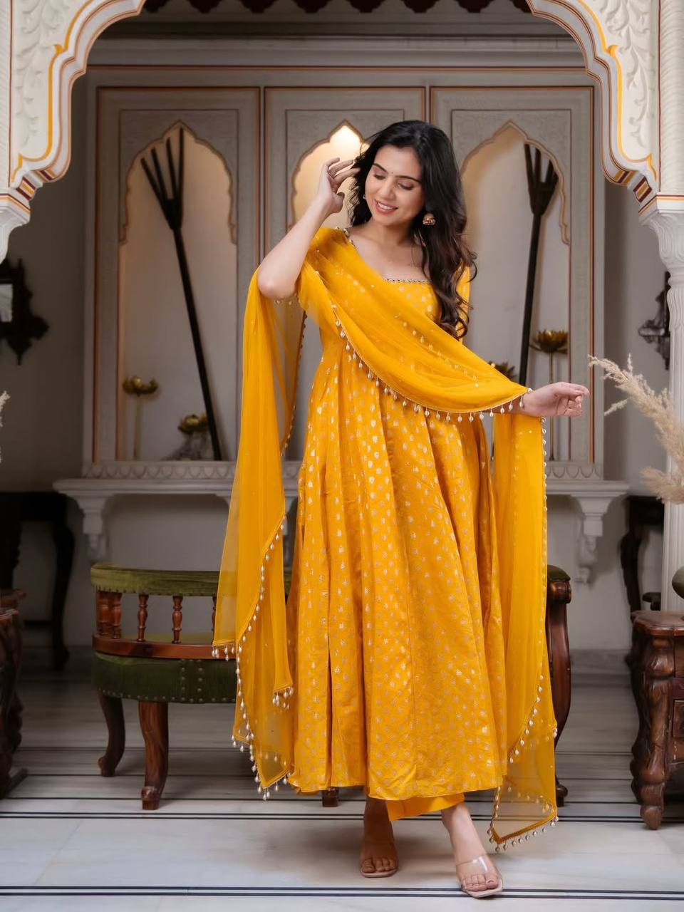 Mustard Yellow Foil Print Anarkali Kurta with Pant & Dupatta Set