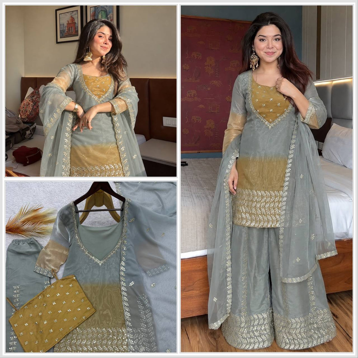 Mustard Ice Blue Floral Embroidered Straight Kurta PLAZZO with Dupatta Set