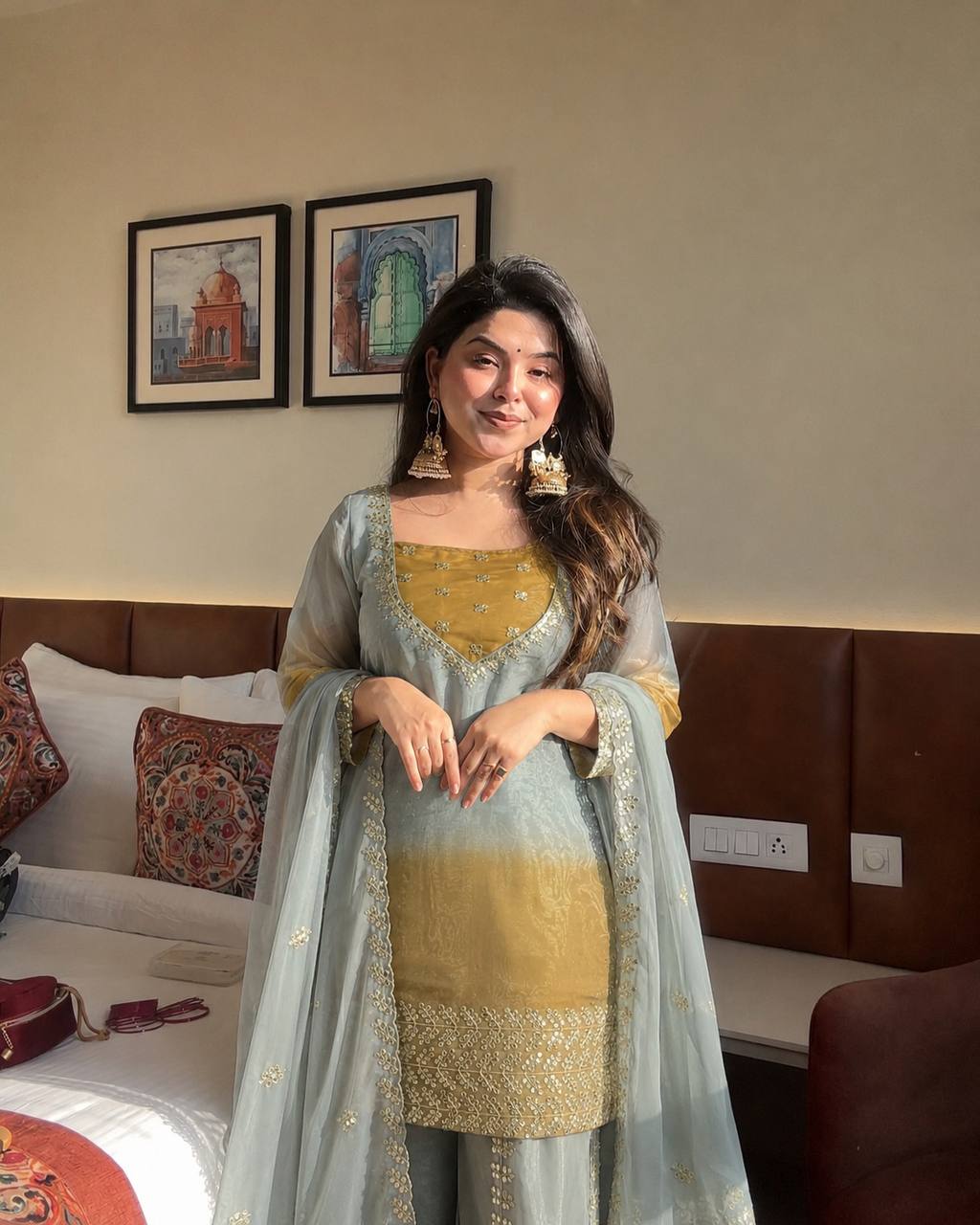 Mustard Ice Blue Floral Embroidered Straight Kurta PLAZZO with Dupatta Set