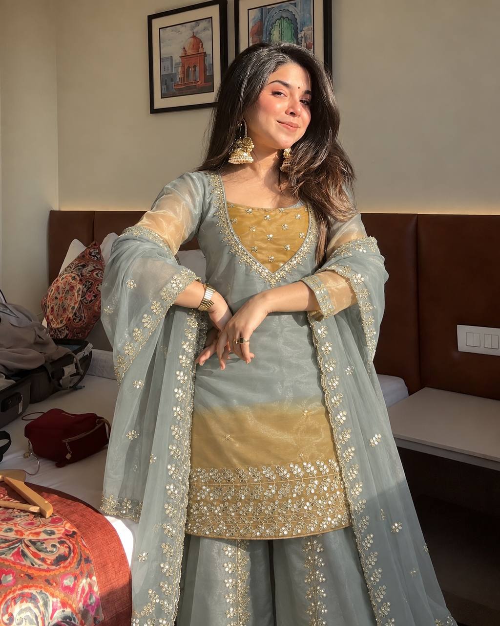 Mustard Ice Blue Floral Embroidered Straight Kurta PLAZZO with Dupatta Set