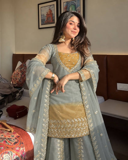 Mustard Ice Blue Floral Embroidered Straight Kurta PLAZZO with Dupatta Set