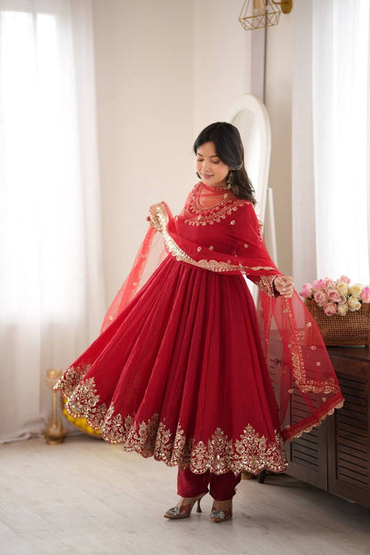 Maroon Embroidered Anarkali Suit Set with Dupatta
