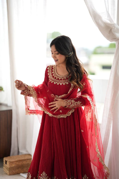 Maroon Embroidered Anarkali Suit Set with Dupatta