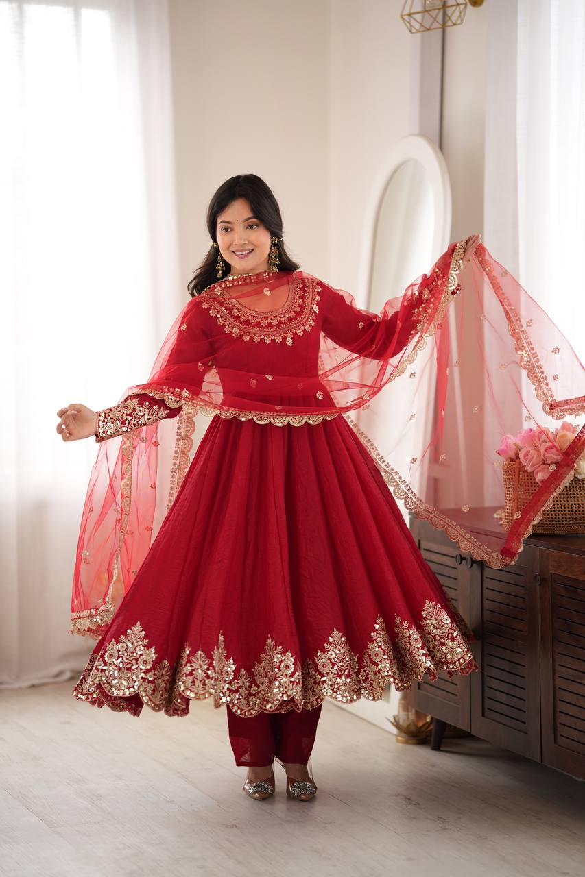 Maroon Embroidered Anarkali Suit Set with Dupatta