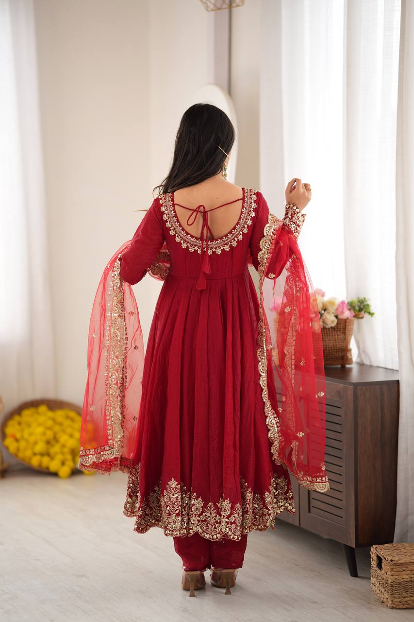 Maroon Embroidered Anarkali Suit Set with Dupatta