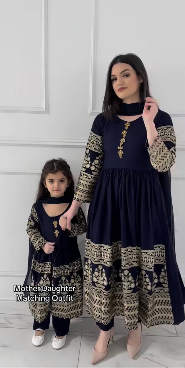 Navy Blue Mother Daughter Matching Embroidered Anarkali Kurta Pant Set