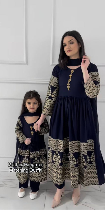 Navy Blue Mother Daughter Matching Embroidered Anarkali Kurta Pant Set