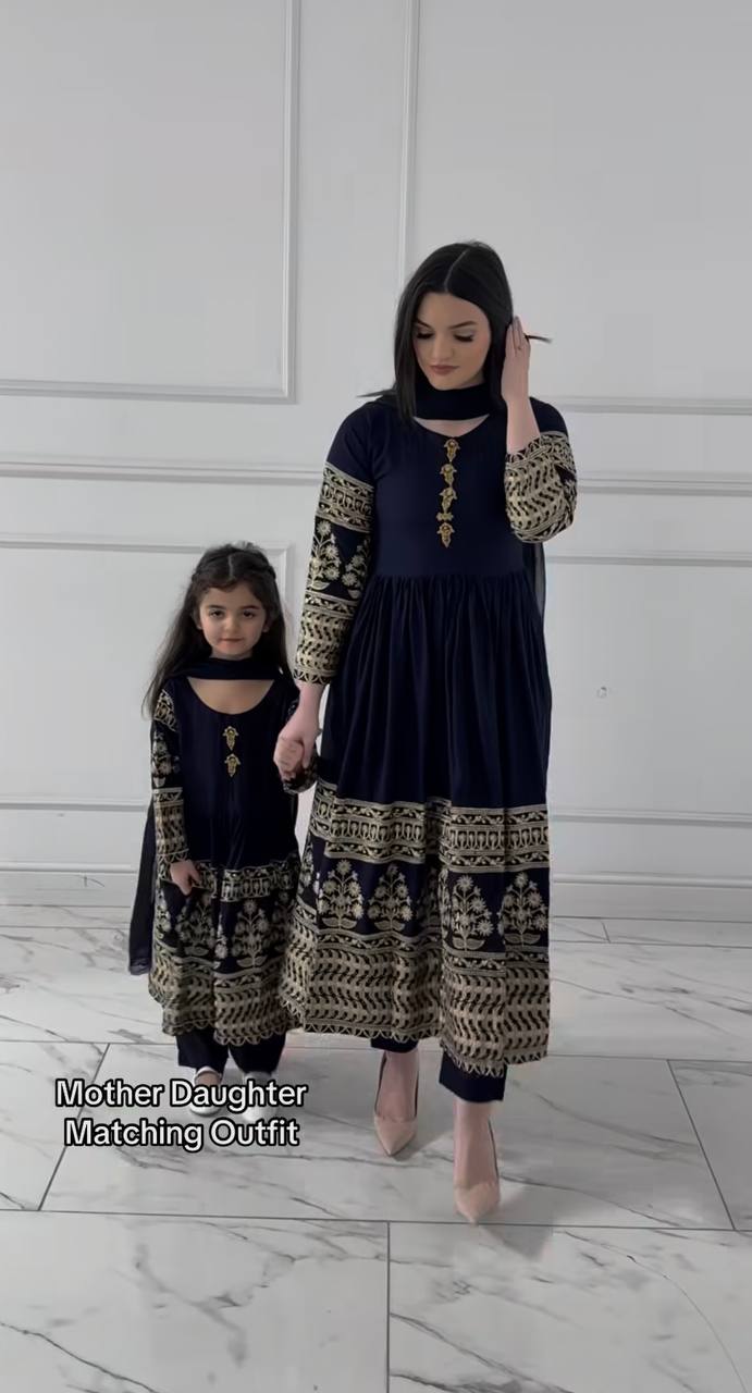 Navy Blue Mother Daughter Matching Embroidered Anarkali Kurta Pant Set