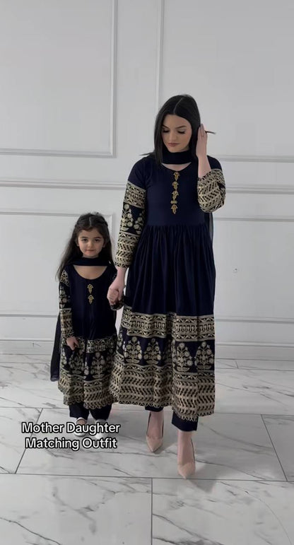 Navy Blue Mother Daughter Matching Embroidered Anarkali Kurta Pant Set