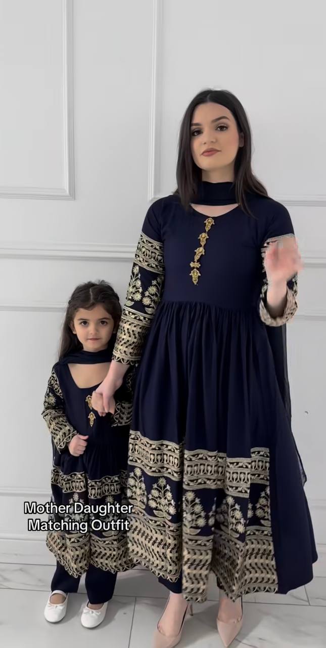 Navy Blue Mother Daughter Matching Embroidered Anarkali Kurta Pant Set