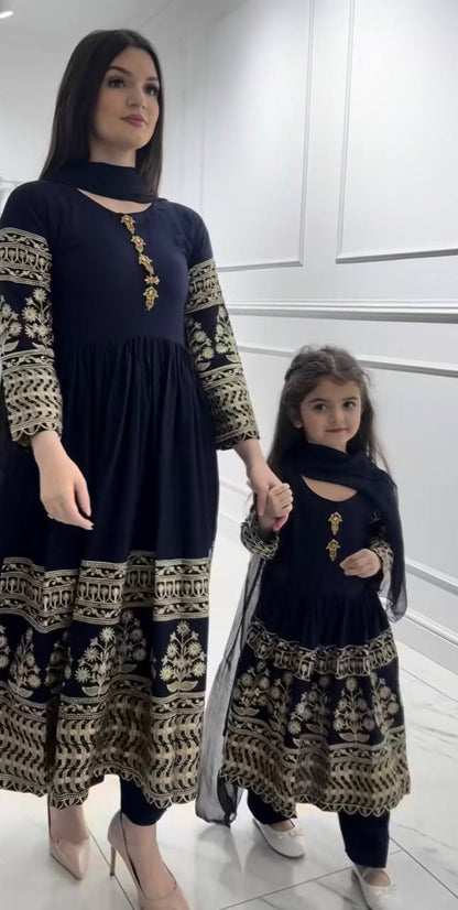 Navy Blue Mother Daughter Matching Embroidered Anarkali Kurta Pant Set