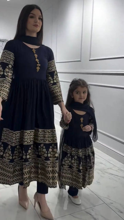 Navy Blue Mother Daughter Matching Embroidered Anarkali Kurta Pant Set