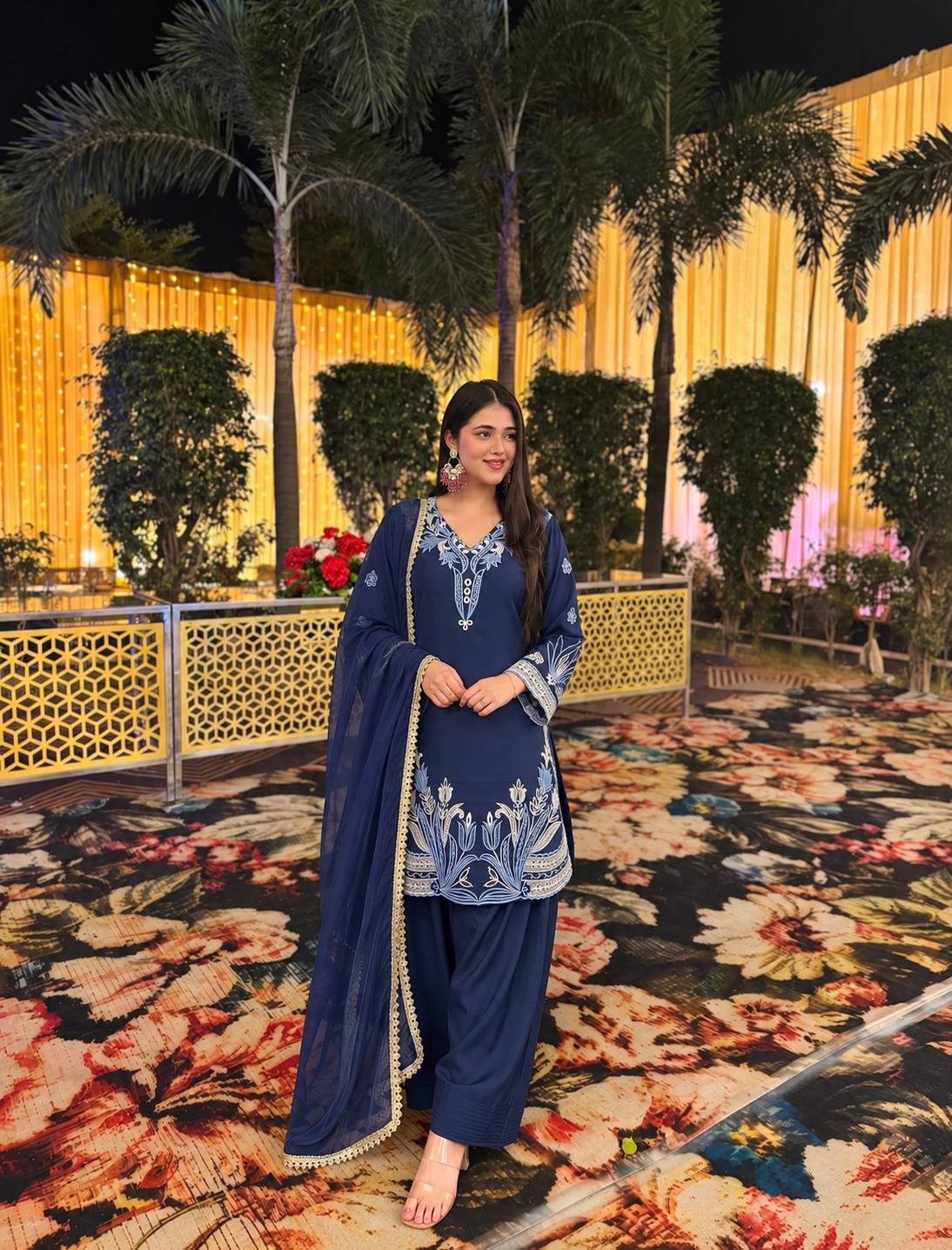 Navy Blue Floral Embroidered Straight Suit Set with Matching Dupatta