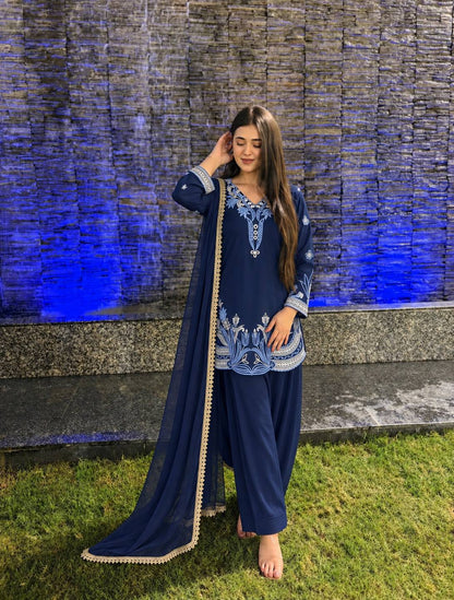Navy Blue Floral Embroidered Straight Suit Set with Matching Dupatta