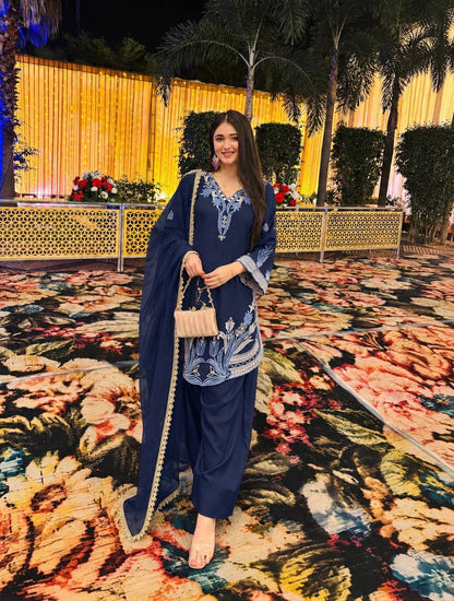 Navy Blue Floral Embroidered Straight Suit Set with Matching Dupatta