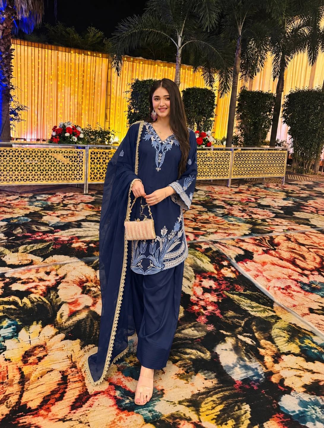 Navy Blue Floral Embroidered Straight Suit Set with Matching Dupatta