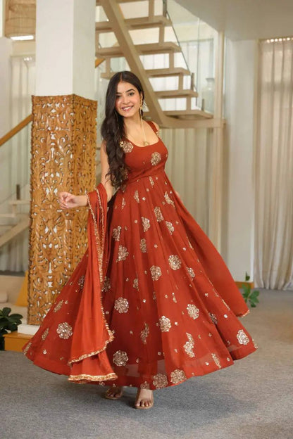 Rust silk Gold Embroidered Anarkali Gown with Dupatta