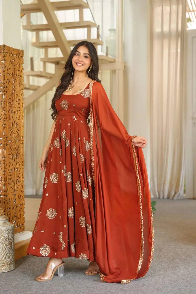 Rust silk Gold Embroidered Anarkali Gown with Dupatta