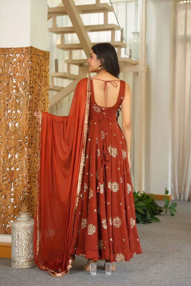Rust silk Gold Embroidered Anarkali Gown with Dupatta