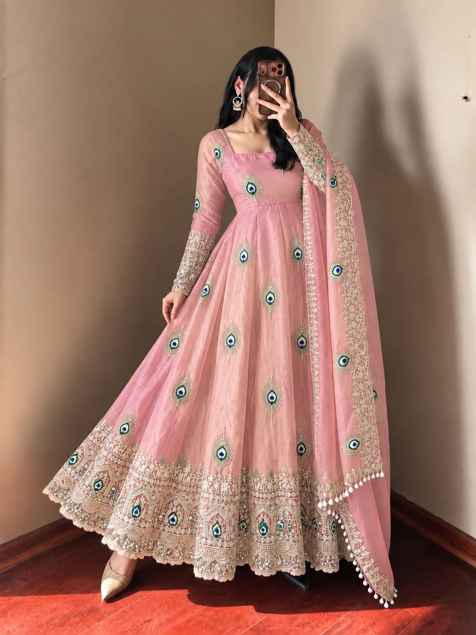 Peacock Embroidered Anarkali Suit Set