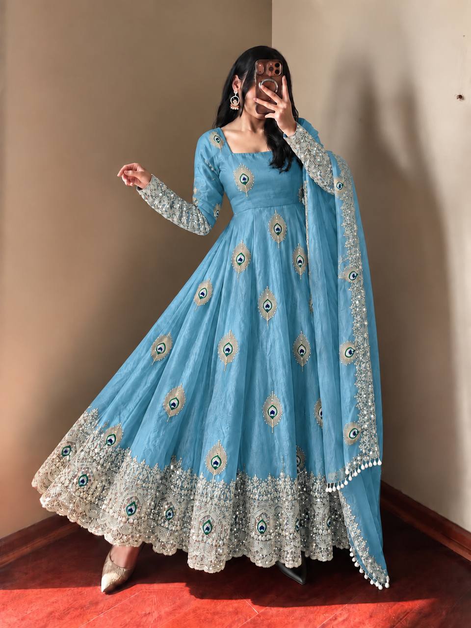 Peacock Embroidered Anarkali Suit Set