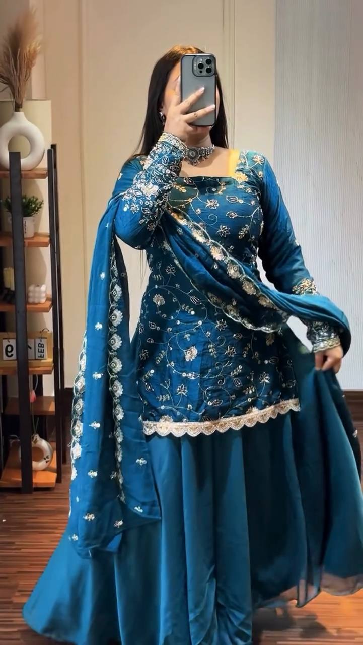 Teal Blue Floral Embroidered Organza Anarkali Suit Set