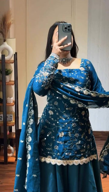 Teal Blue Floral Embroidered Organza Anarkali Suit Set