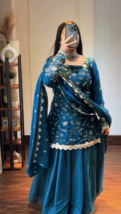 Teal Blue Floral Embroidered Organza Anarkali Suit Set