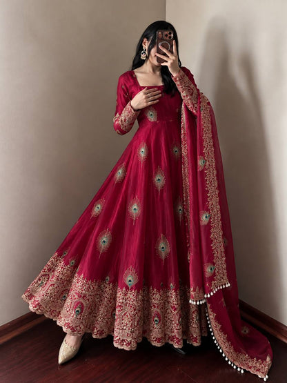 Peacock Embroidered Anarkali Suit Set
