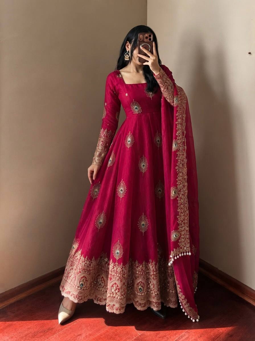 Peacock Embroidered Anarkali Suit Set