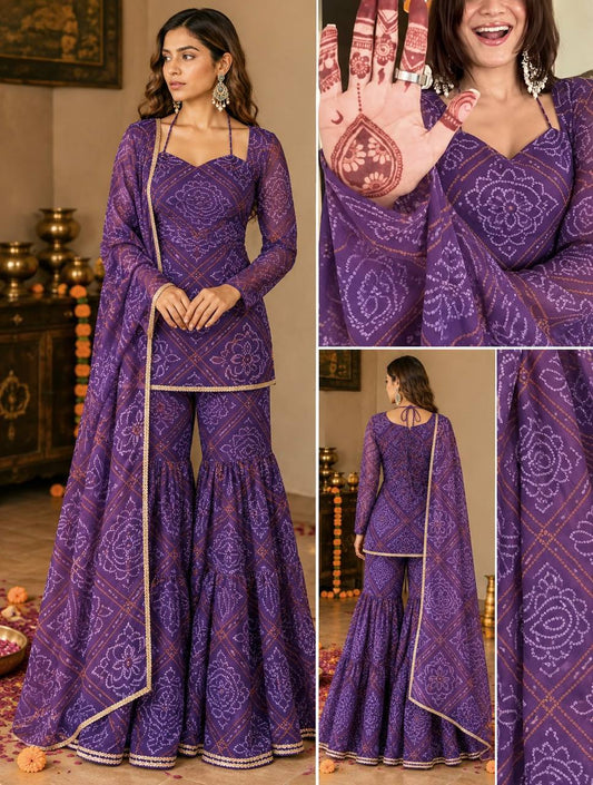 Purple Bandhani Printed Peplum Sharara Suit Set with Dupatta