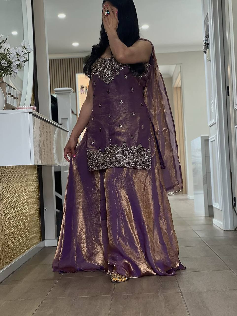 Luxury Embellished Sharara Set in Purple Gold