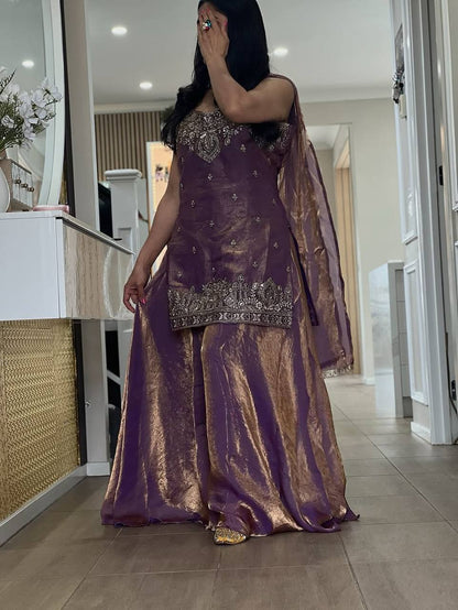 Luxury Embellished Sharara Set in Purple Gold
