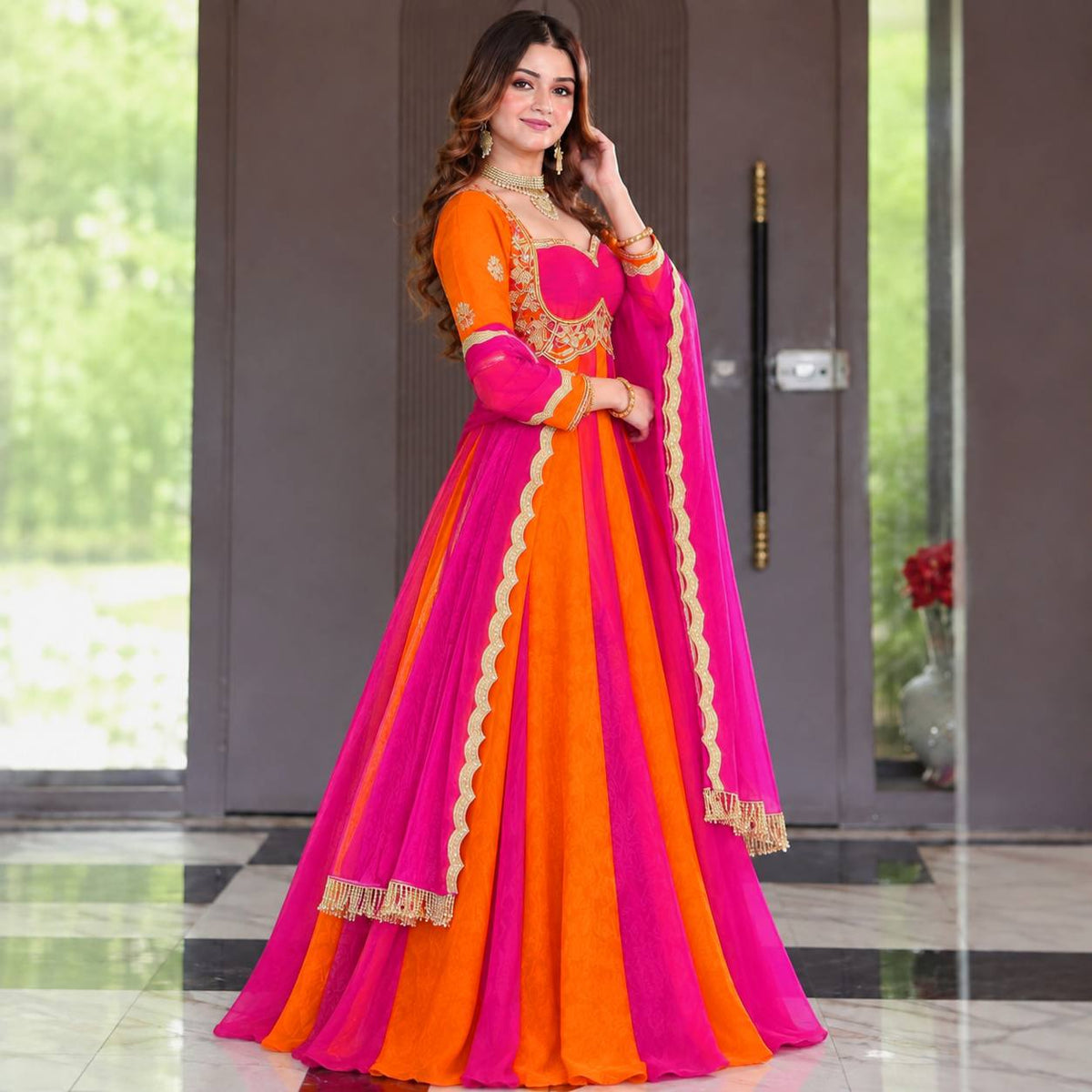 Emerald Green & Royal Purple Embroidered Velvet Anarkali