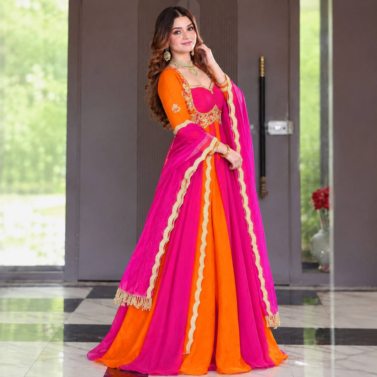 Emerald Green & Royal Purple Embroidered Velvet Anarkali