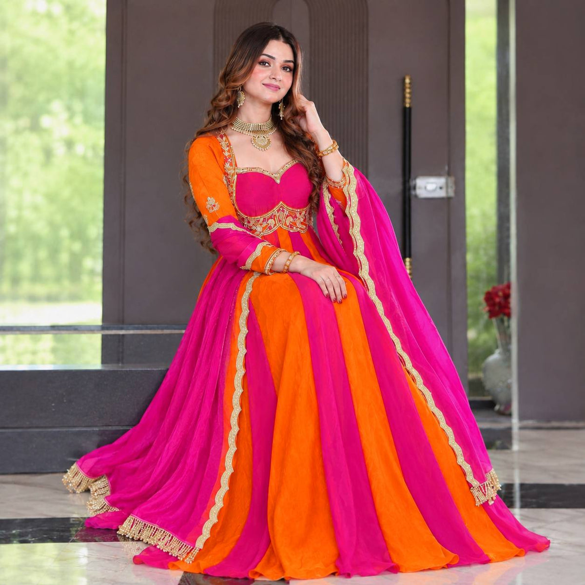 Emerald Green & Royal Purple Embroidered Velvet Anarkali