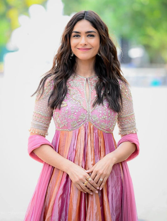 Pink Embroidered Silk Anarkali Suit Set with Flared Skirt & Dupatta