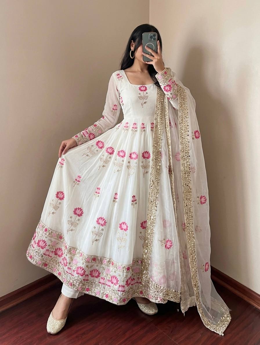 White  Embroidered Fully Stitched Anarkali Gown with Dupatta